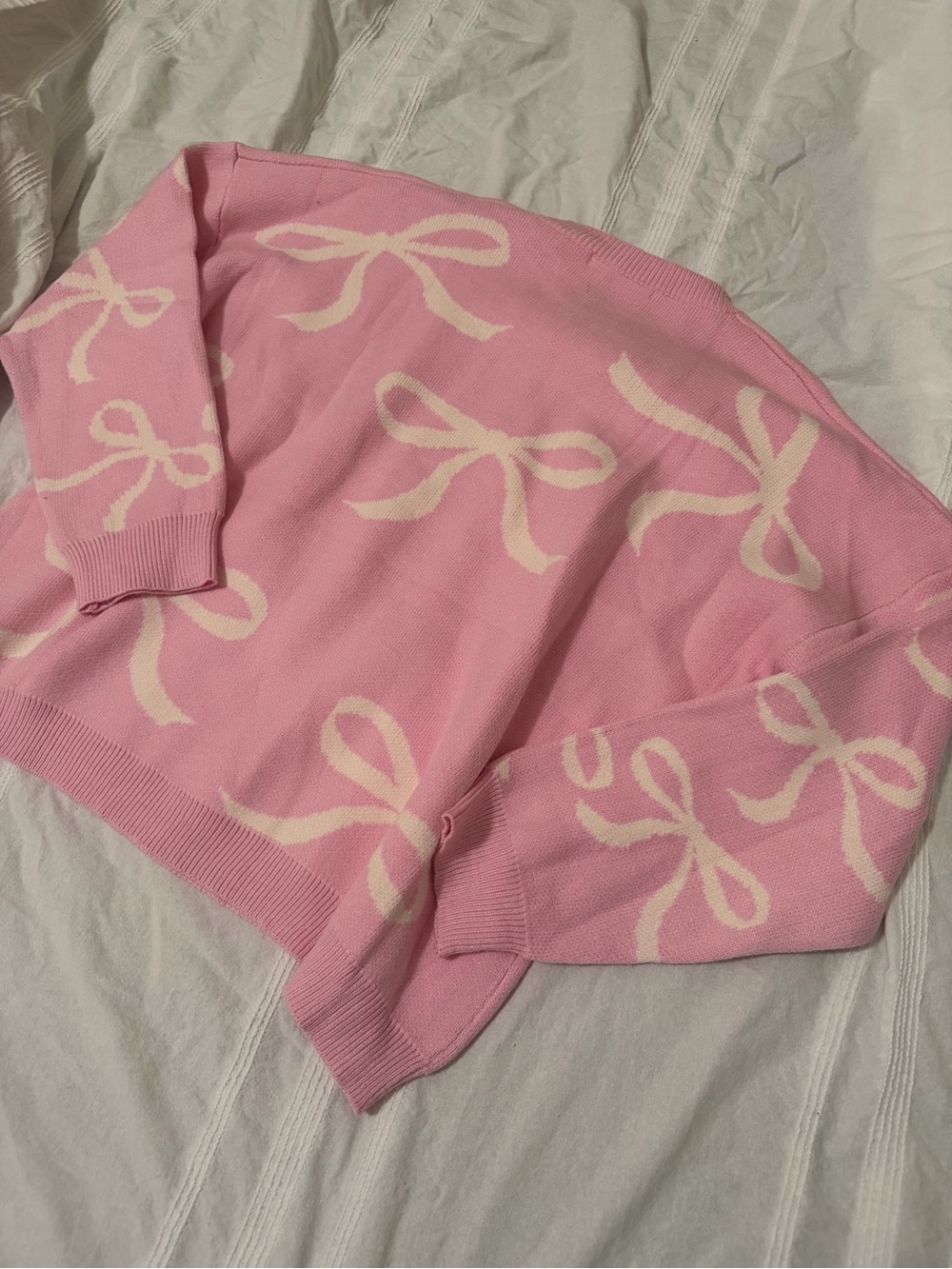 Altar'd State Pink Crewneck Sweater with Cream Bow Intarsia - Picture 4 of 5